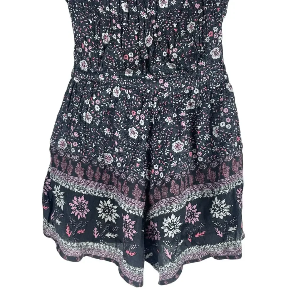 American Eagle Floral Tassel Tie Romper Sleeveless Gray Pink Size XS